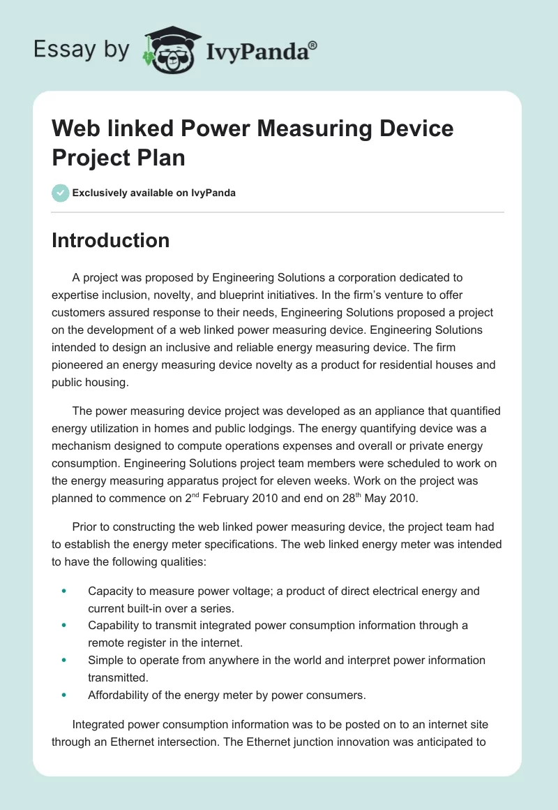 Web linked Power Measuring Device Project Plan. Page 1