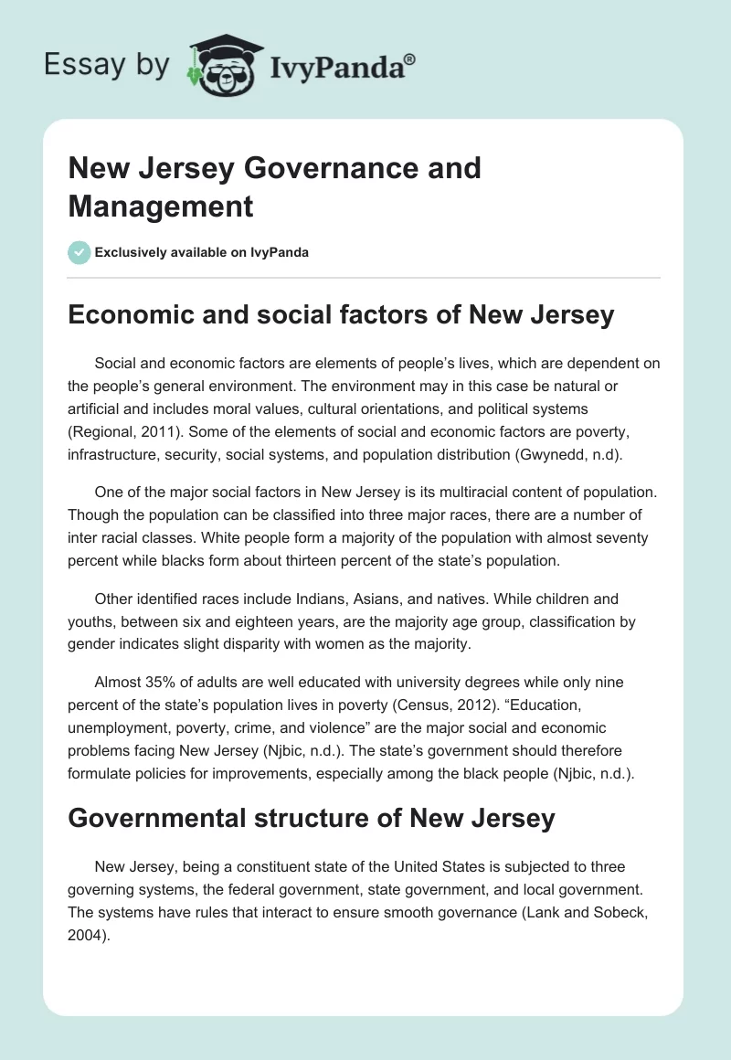 New Jersey Governance and Management. Page 1