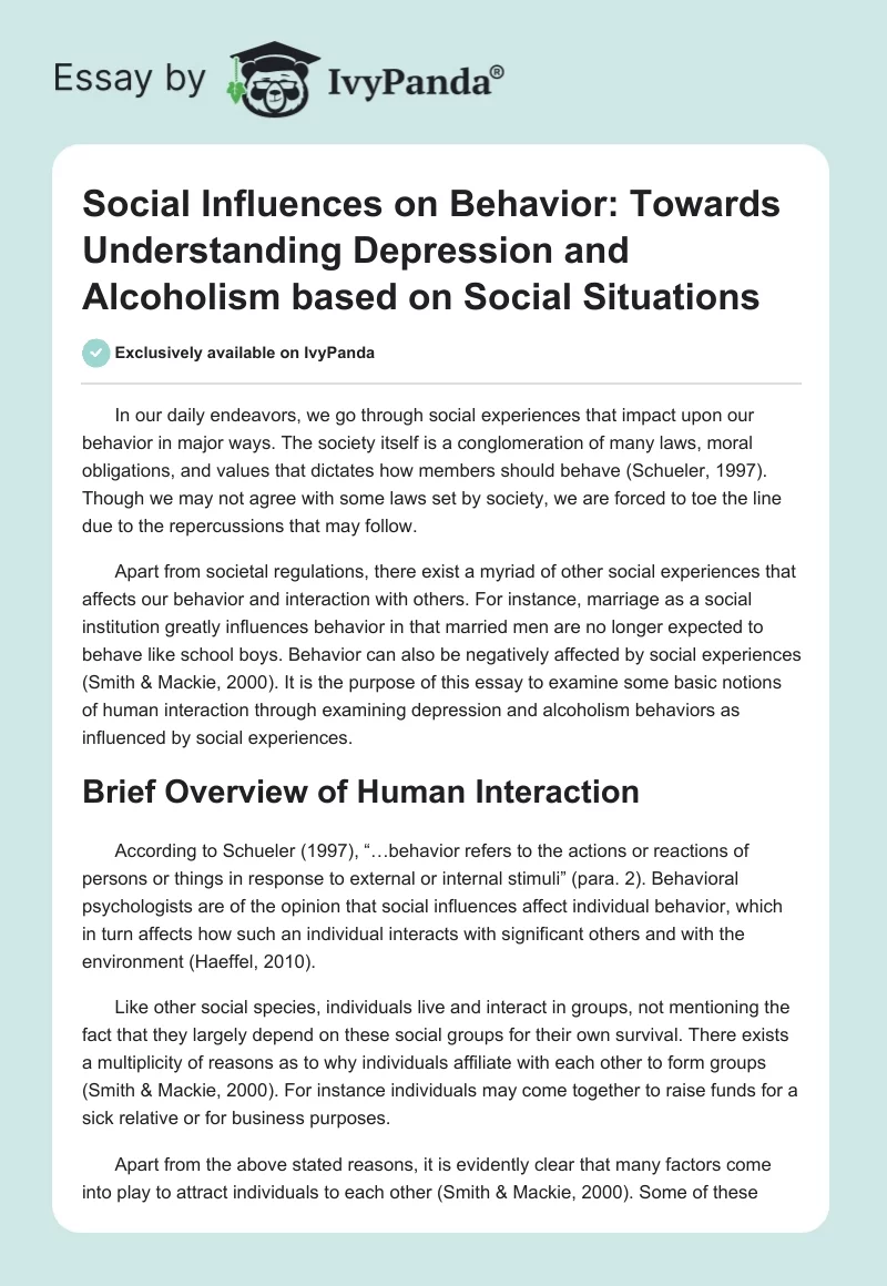 Social Influences on Behavior: Towards Understanding Depression and Alcoholism Based on Social Situations. Page 1