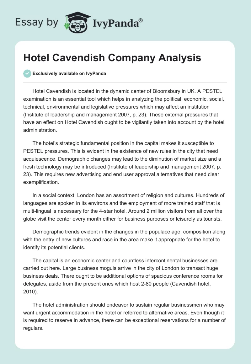 Hotel Cavendish Company Analysis. Page 1