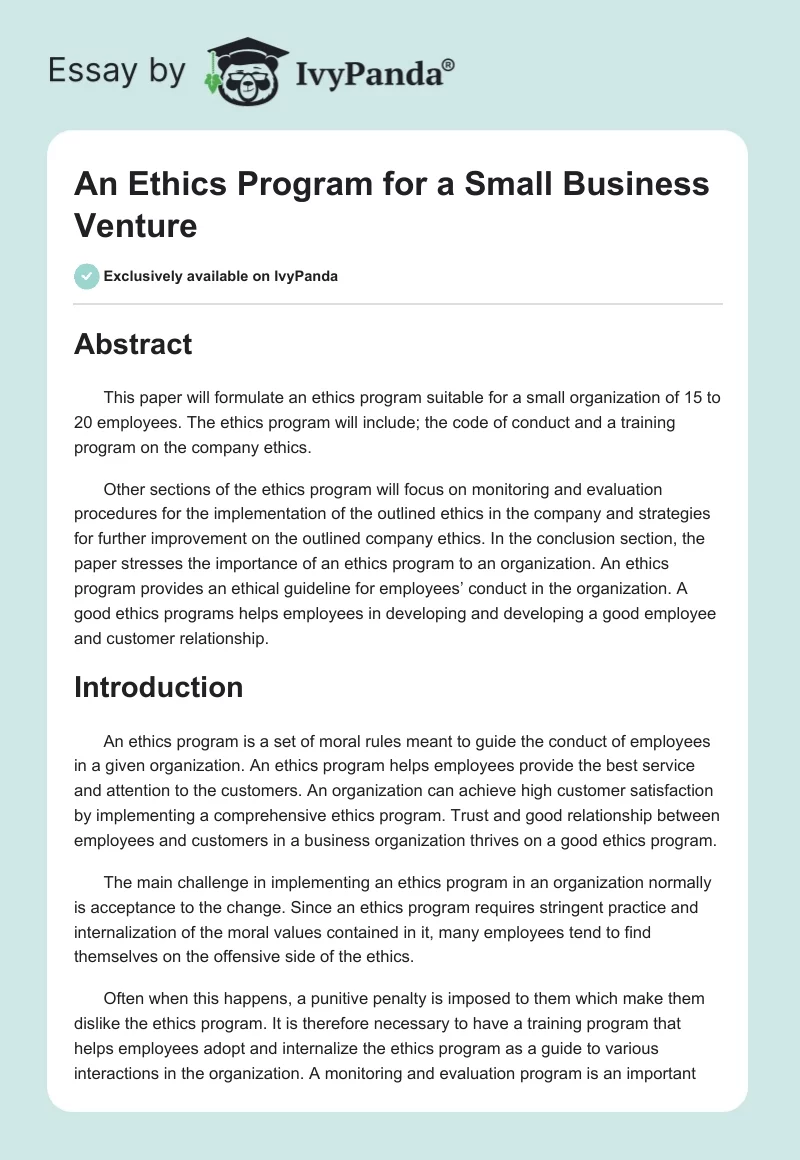 An Ethics Program for a Small Business Venture. Page 1