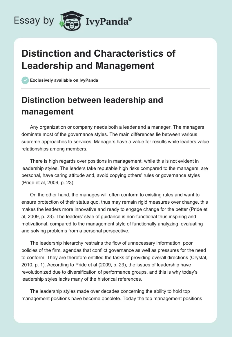 Distinction and Characteristics of Leadership and Management. Page 1