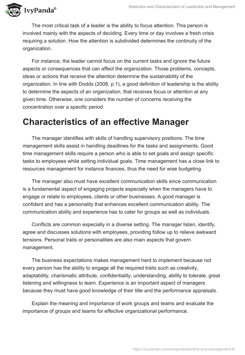 Distinction and Characteristics of Leadership and Management. Page 3