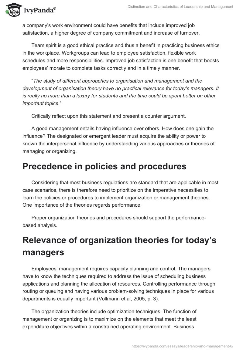 Distinction and Characteristics of Leadership and Management. Page 5