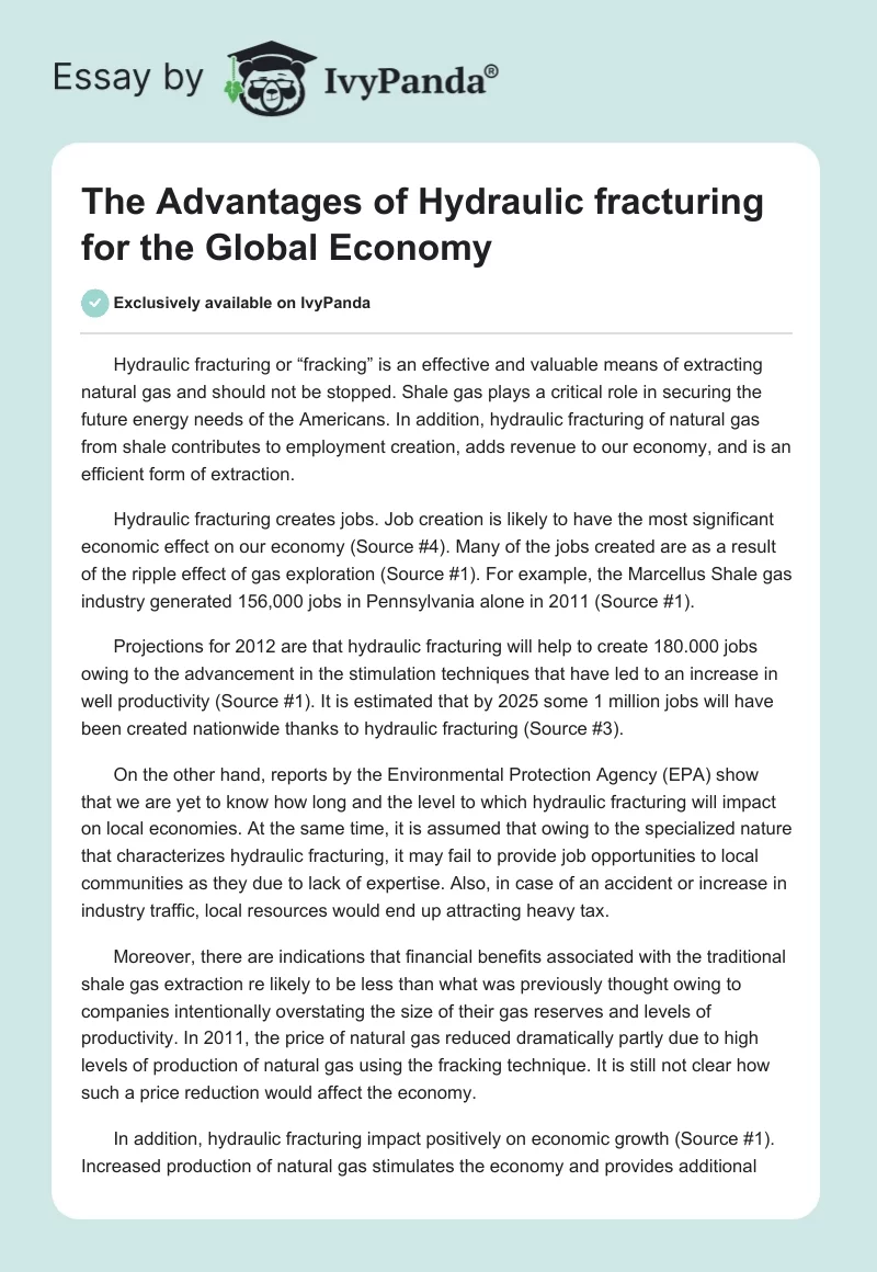 The Advantages of Hydraulic fracturing for the Global Economy. Page 1