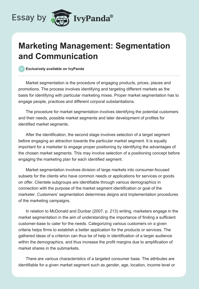 Marketing Management: Segmentation and Communication. Page 1