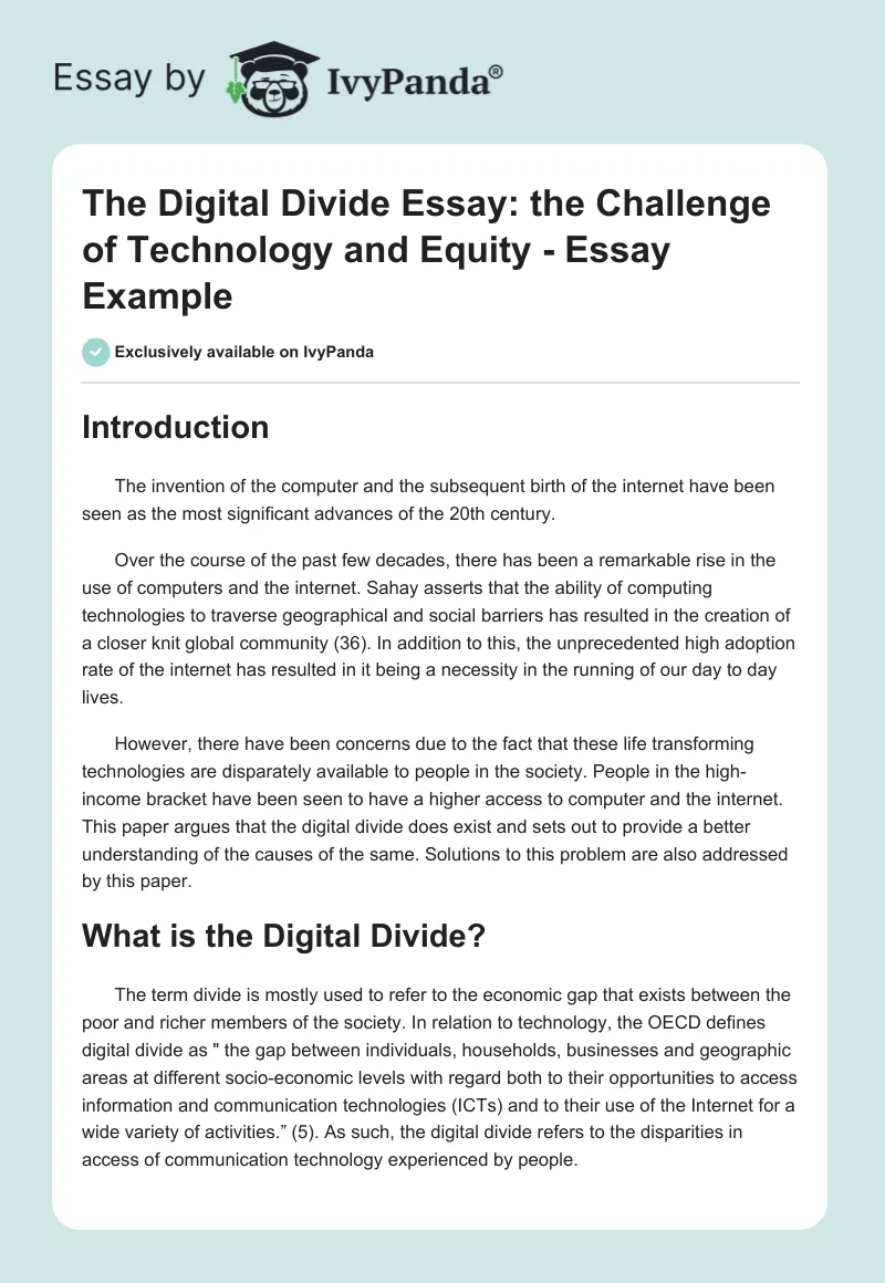 The Digital Divide Essay: the Challenge of Technology and Equity - Essay Example. Page 1