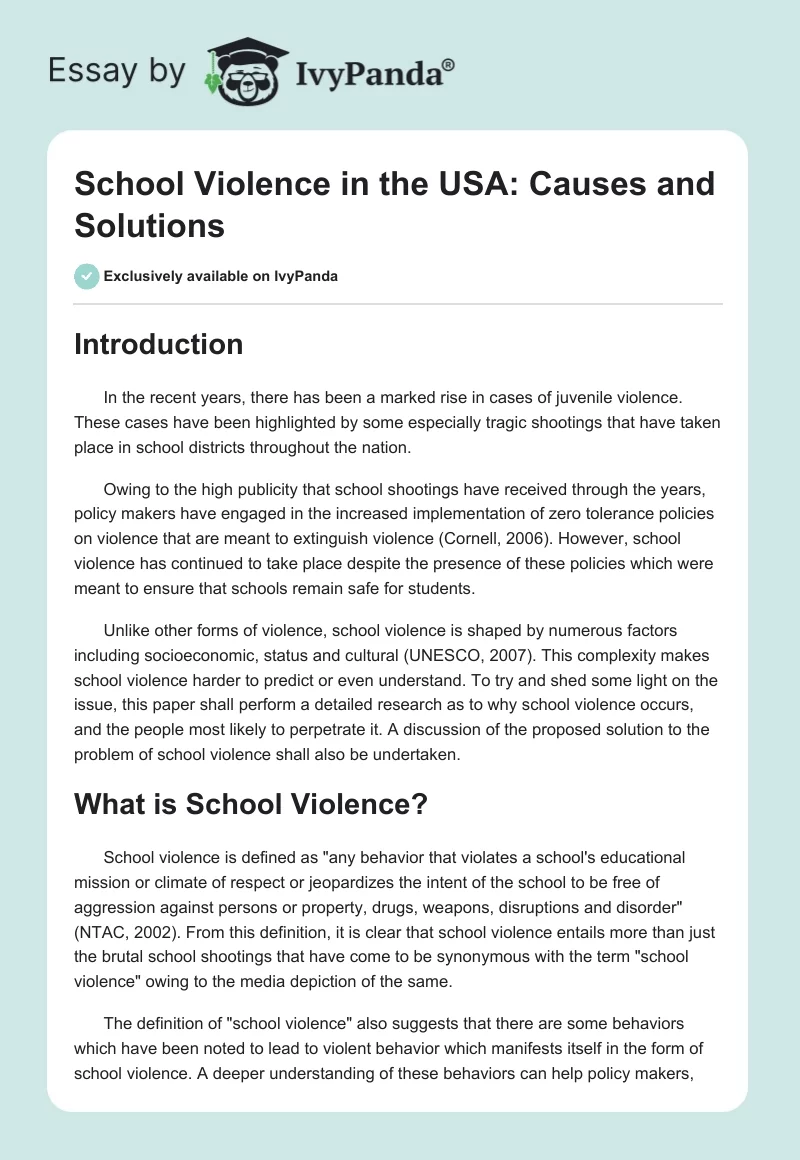 School Violence in the USA: Causes and Solutions. Page 1