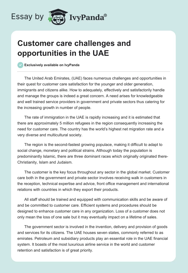 Customer Care Challenges and Opportunities in the UAE. Page 1