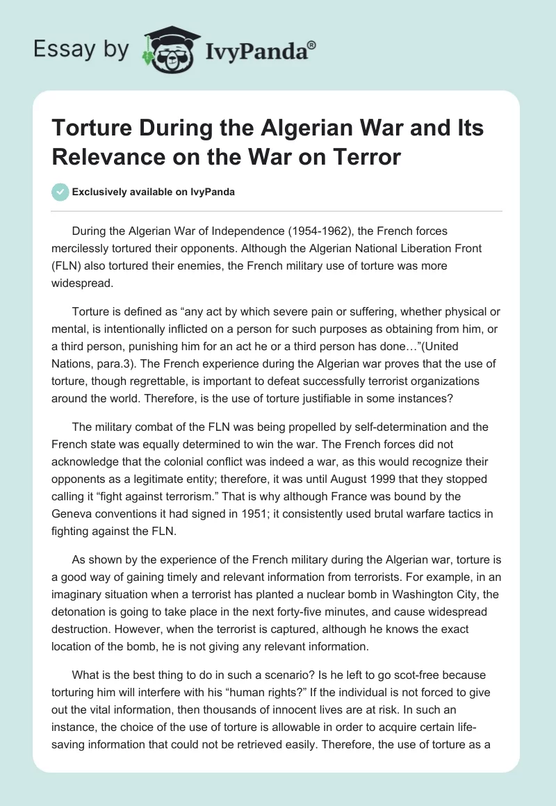 Torture During the Algerian War and Its Relevance on the War on Terror. Page 1