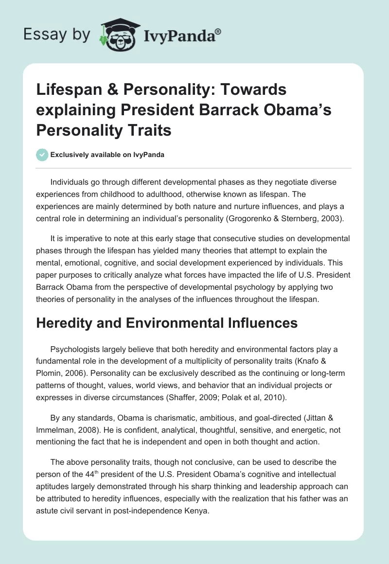 Lifespan & Personality: Towards Explaining President Barrack Obama’s Personality Traits. Page 1