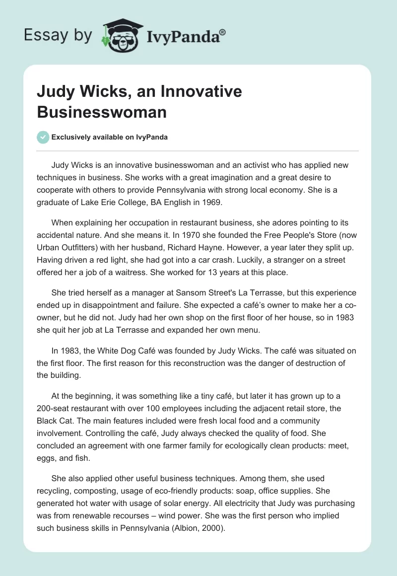 Judy Wicks, an Innovative Businesswoman. Page 1
