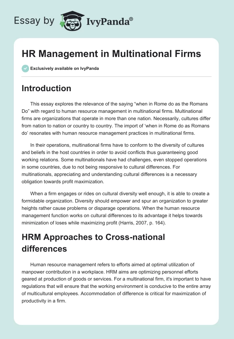 HR Management in Multinational Firms. Page 1