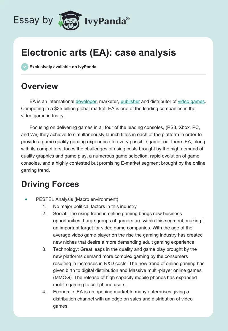 Electronic arts (EA): case analysis. Page 1