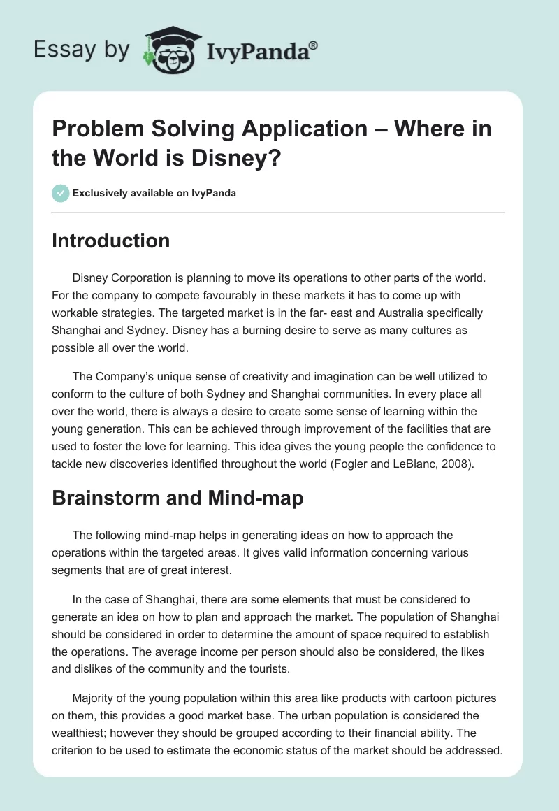 Problem Solving Application – Where in the World is Disney?. Page 1