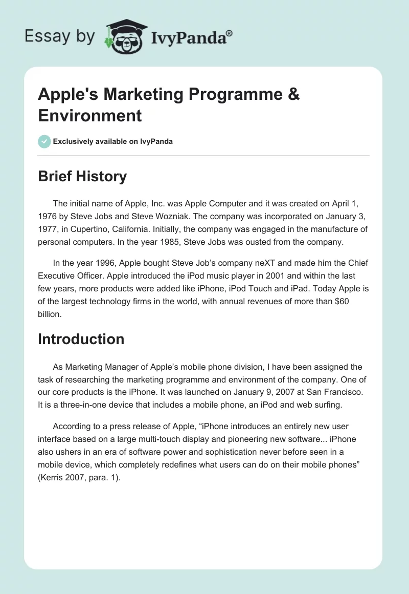 Apple's Marketing Programme & Environment. Page 1
