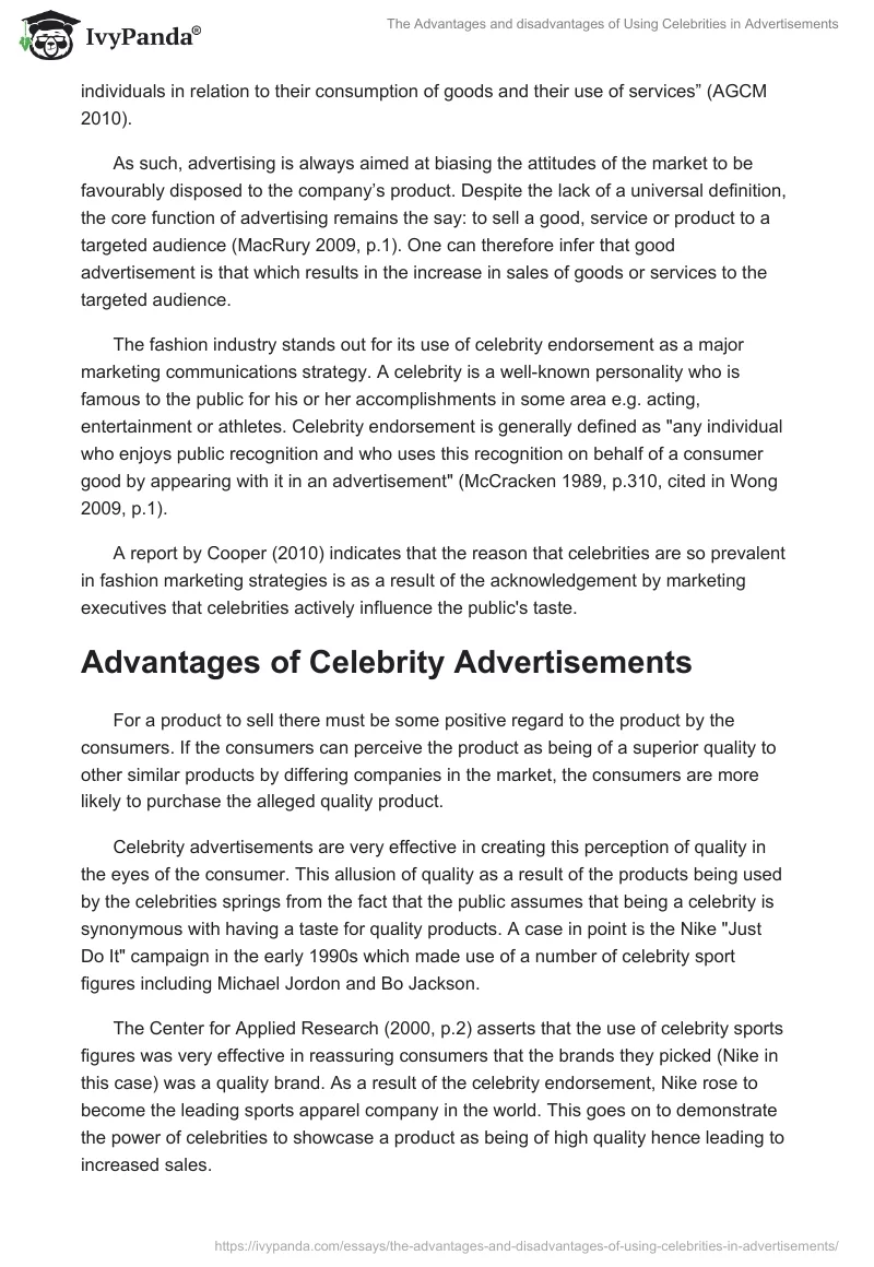 The Advantages and disadvantages of Using Celebrities in Advertisements. Page 2