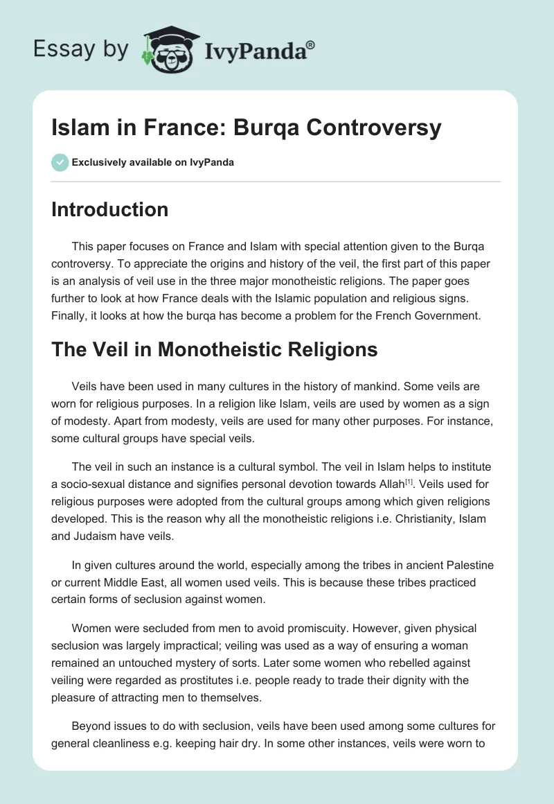 Islam in France: Burqa Controversy. Page 1