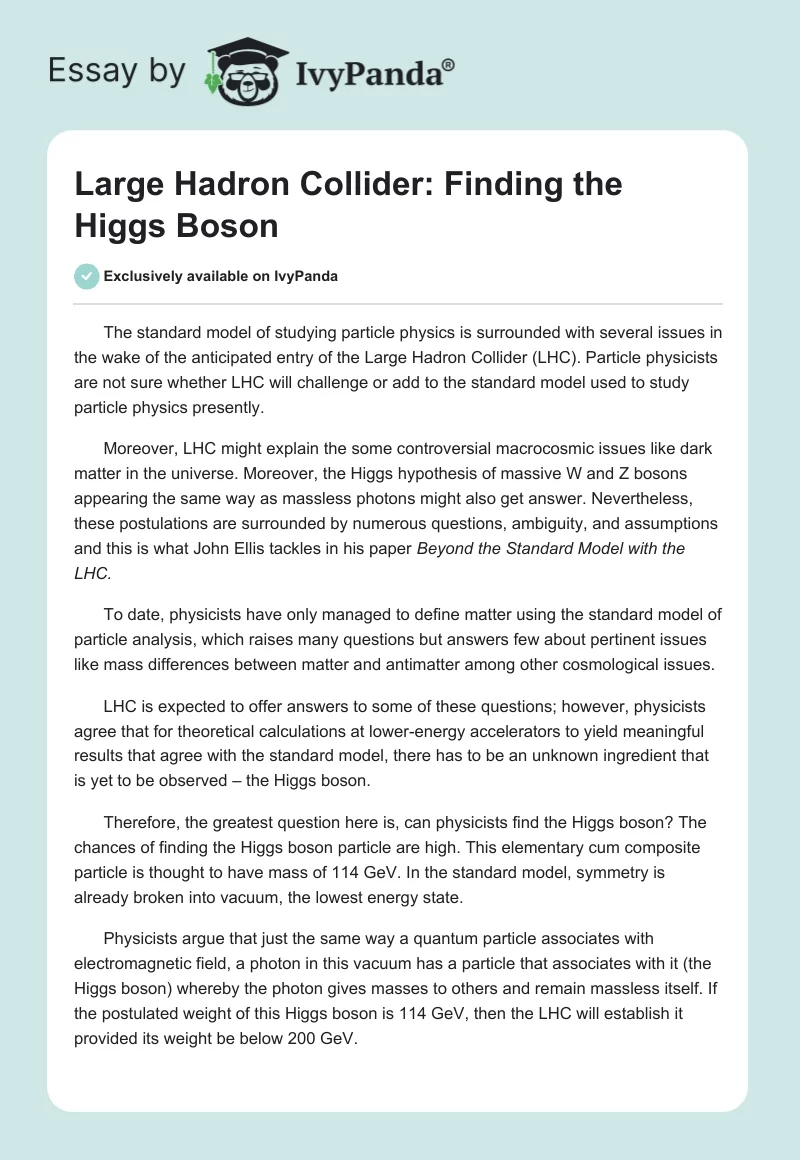 Large Hadron Collider: Finding the Higgs Boson. Page 1