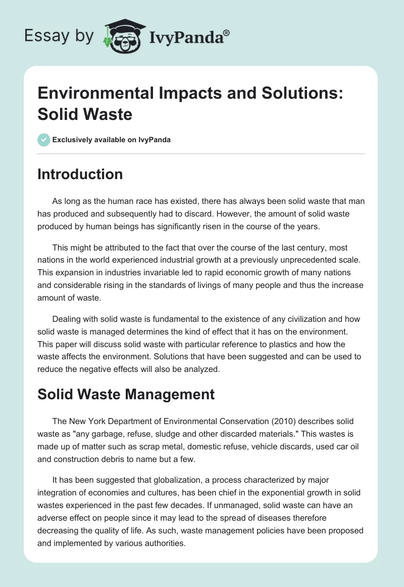 Environmental Impacts and Solutions: Solid Waste. Page 1