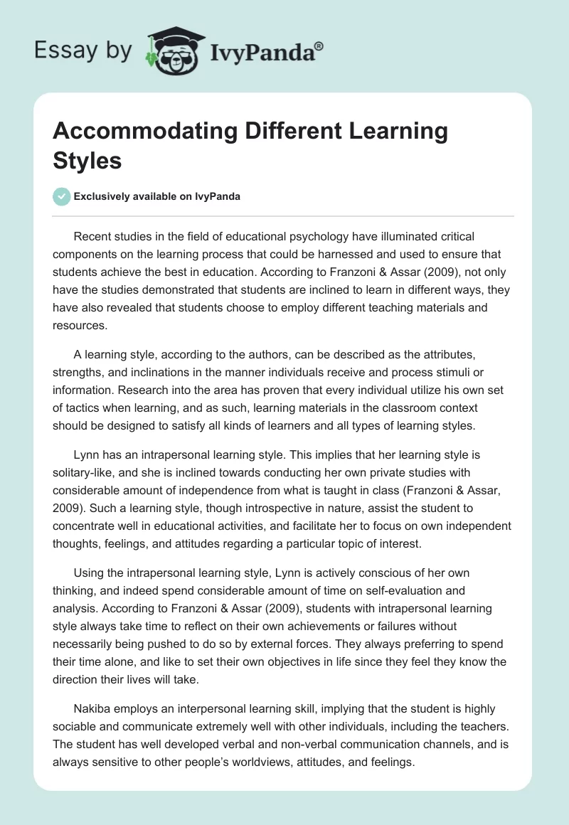 Accommodating Different Learning Styles. Page 1