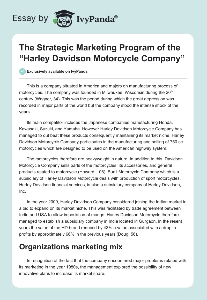 The Strategic Marketing Program of the “Harley Davidson Motorcycle Company”. Page 1