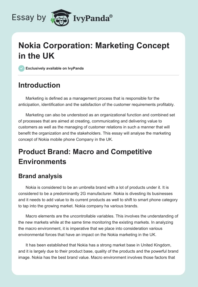 Nokia Corporation: Marketing Concept in the UK. Page 1