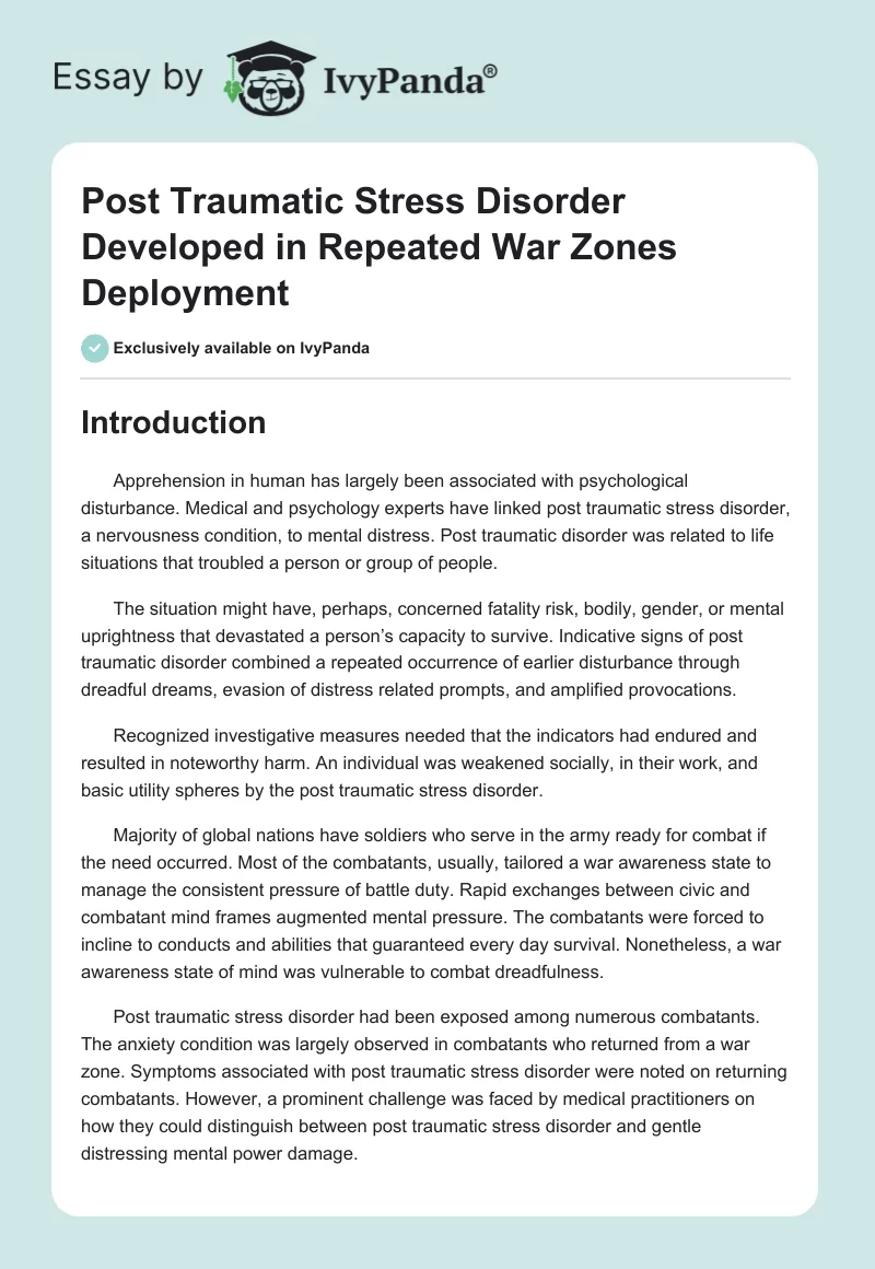 Post Traumatic Stress Disorder Developed in Repeated War Zones Deployment. Page 1