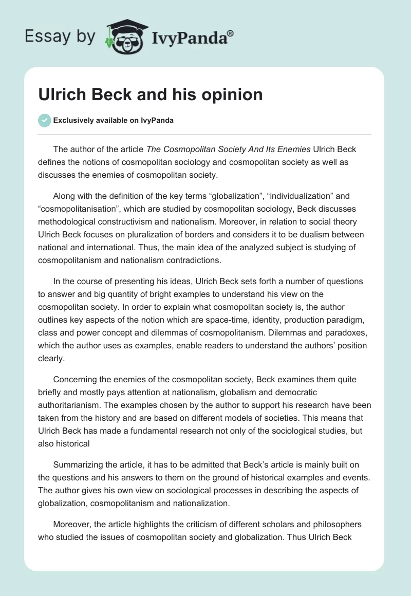 Ulrich Beck and his opinion. Page 1