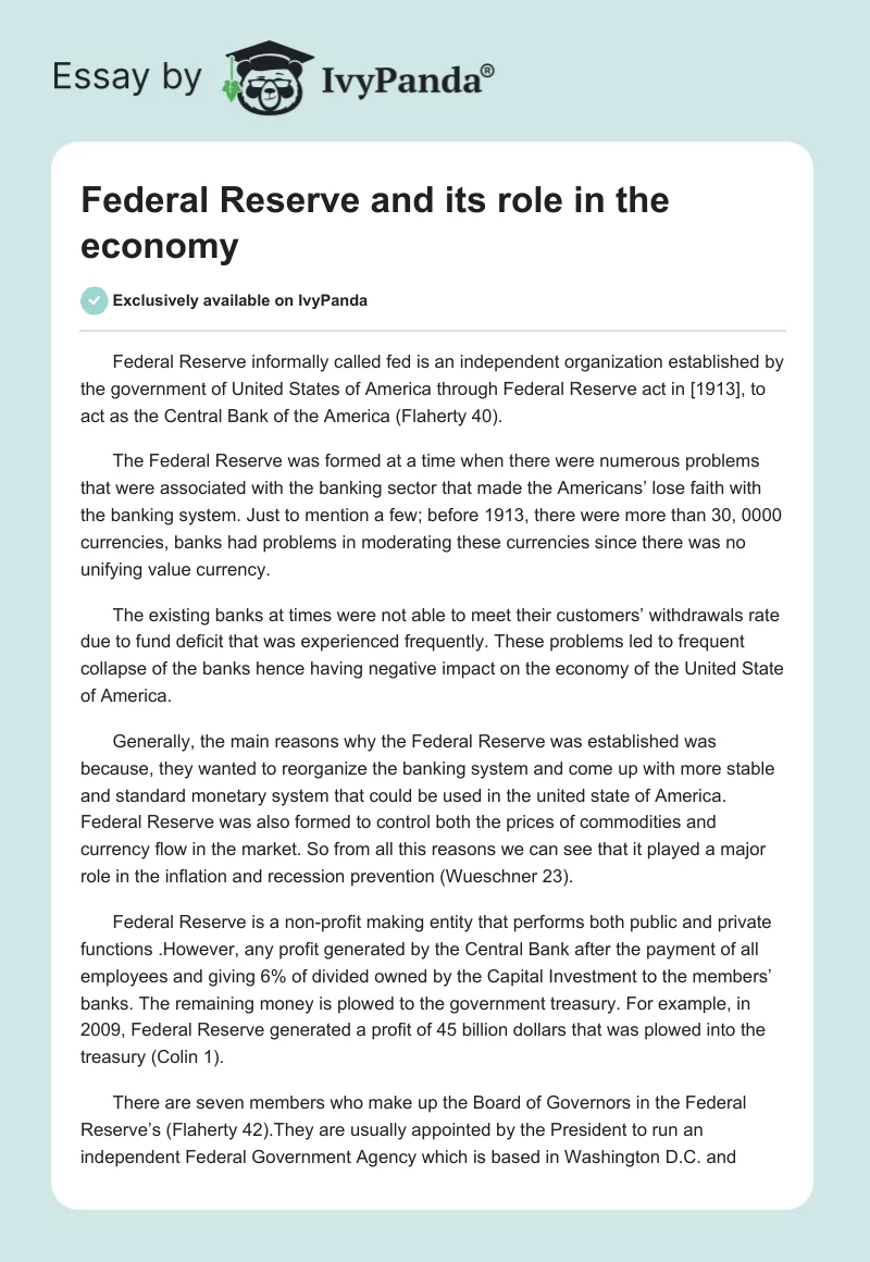 Federal Reserve and its role in the economy. Page 1