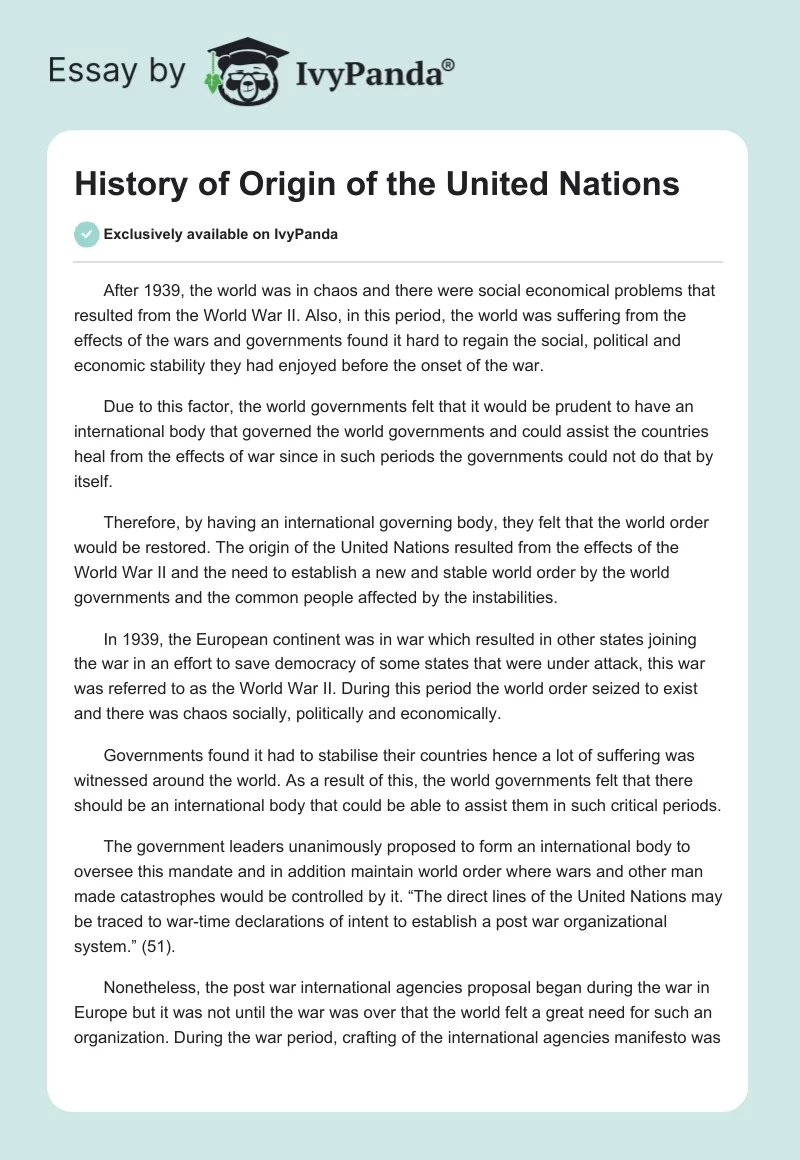 History of Origin of the United Nations. Page 1