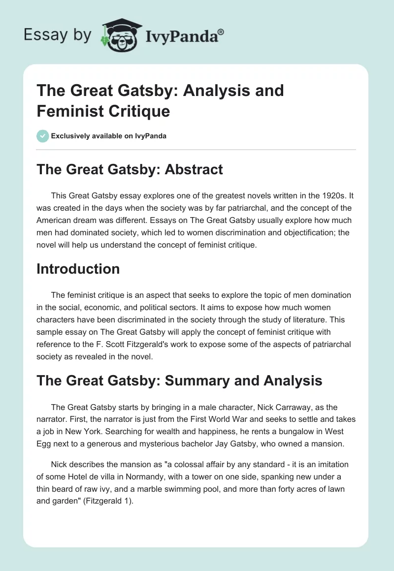 The Great Gatsby: Analysis and Feminist Critique. Page 1