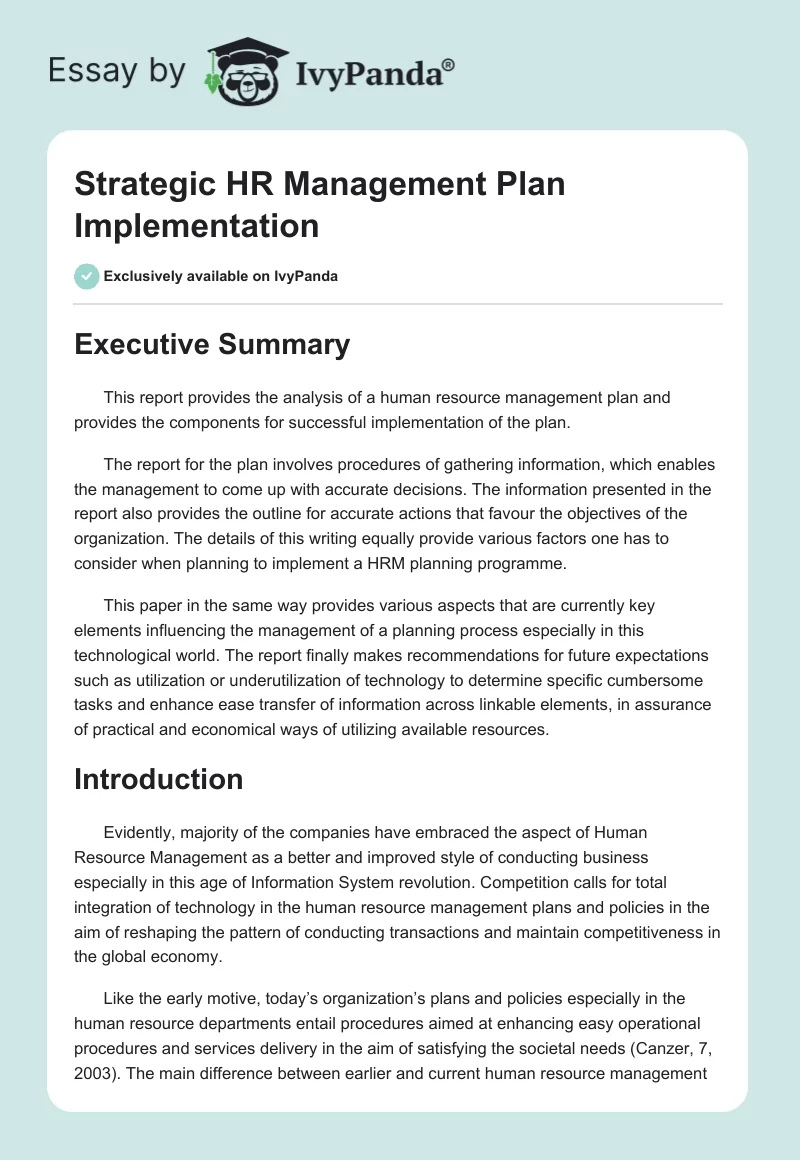 Strategic HR Management Plan Implementation. Page 1