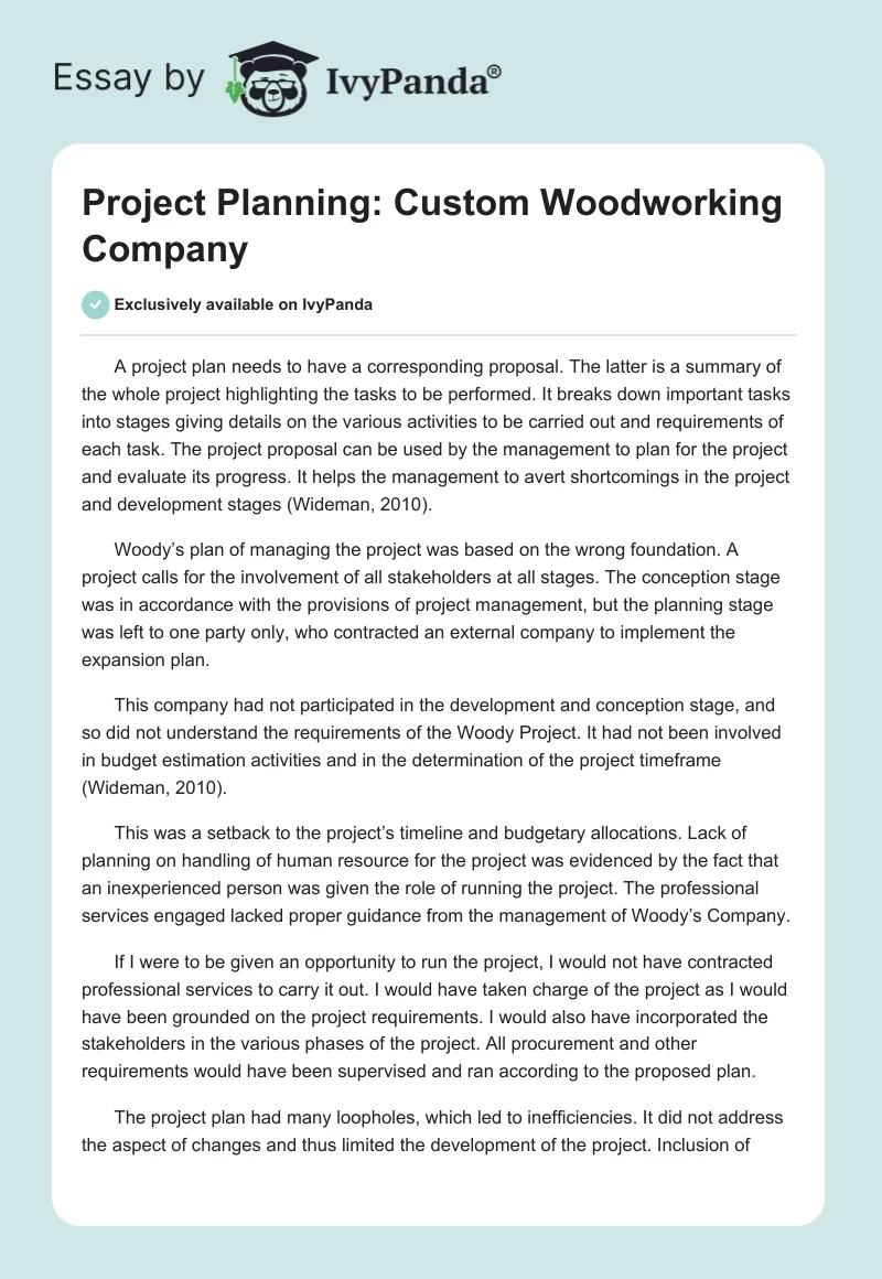 Project Planning: Custom Woodworking Company. Page 1