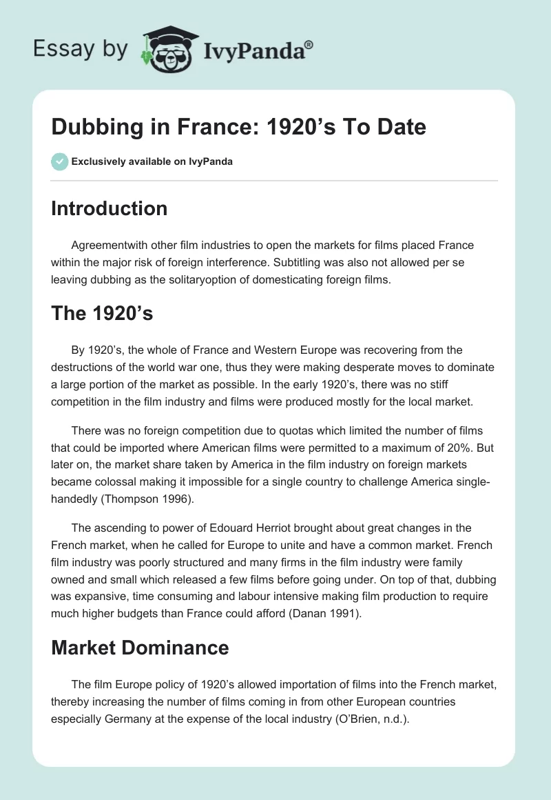 Dubbing in France: 1920’s To Date. Page 1