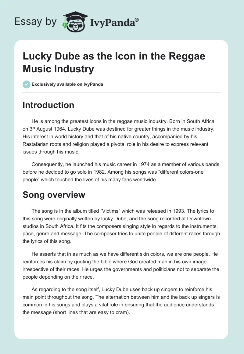 Lucky Dube as the Icon in the Reggae Music Industry. Page 1