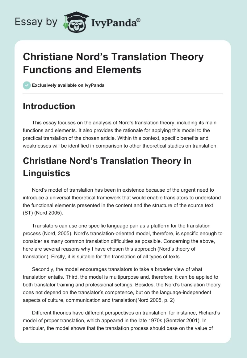 Christiane Nord Translation Theory: Functions and Elements Analytical Essay. Page 1