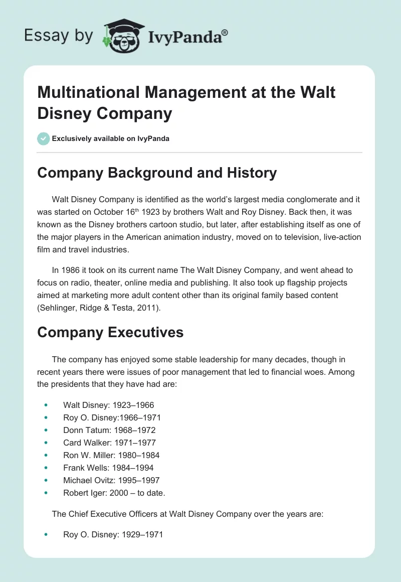 Multinational Management at the Walt Disney Company. Page 1