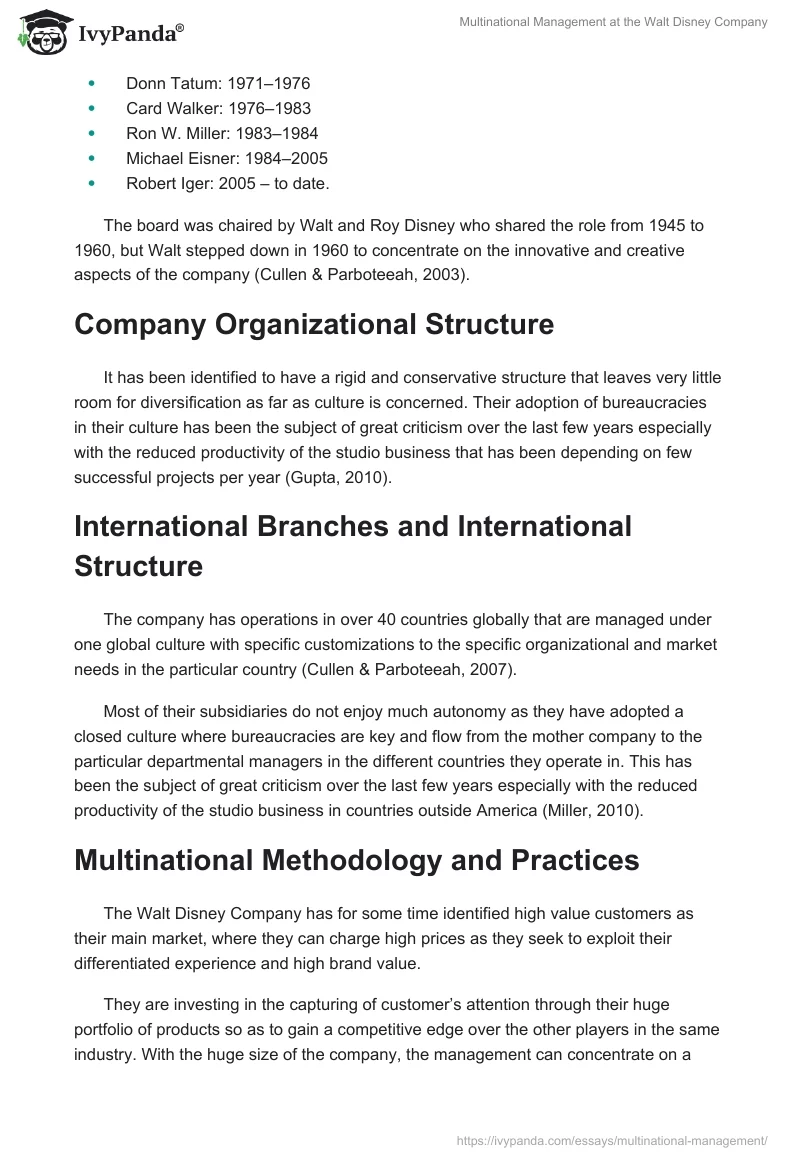 Multinational Management at the Walt Disney Company. Page 2