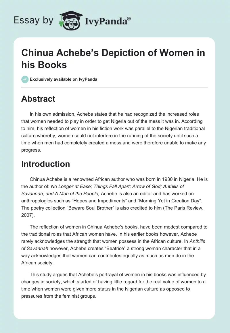 Chinua Achebe’s Depiction of Women in his Books. Page 1
