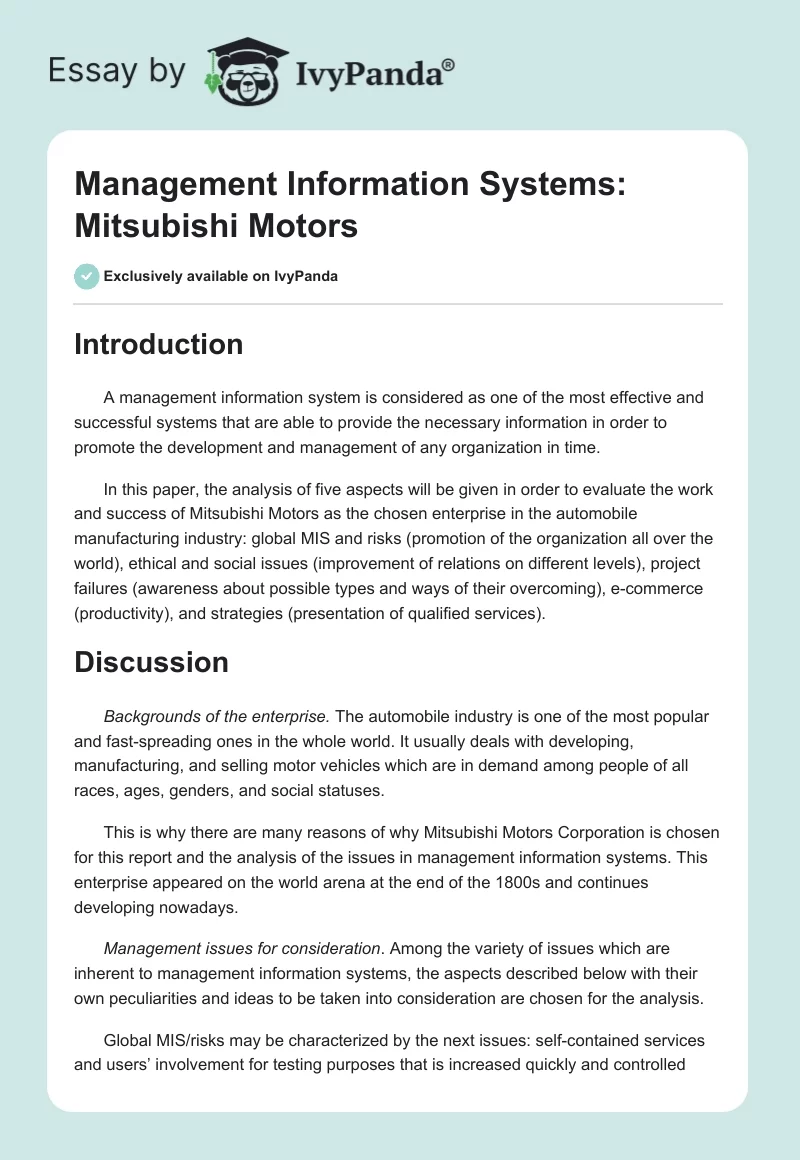 Management Information Systems: Mitsubishi Motors. Page 1