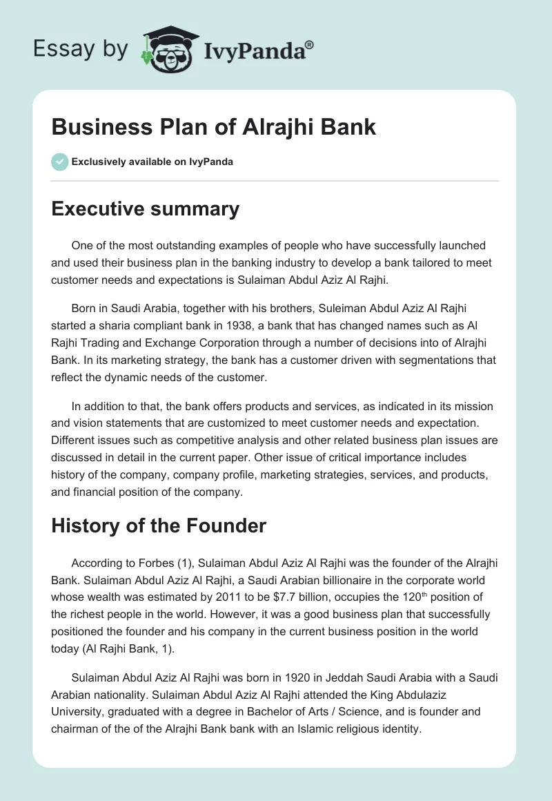 Business Plan of Alrajhi Bank. Page 1