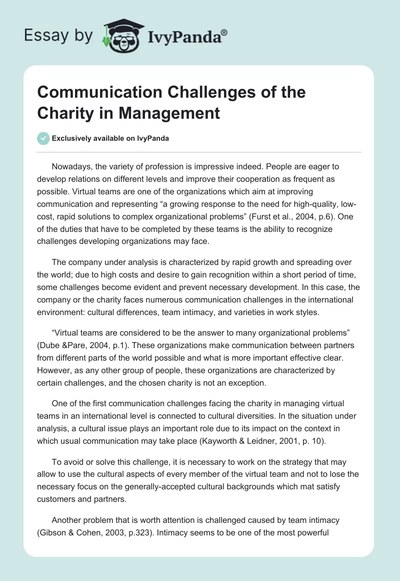 Communication Challenges of the Charity in Management. Page 1