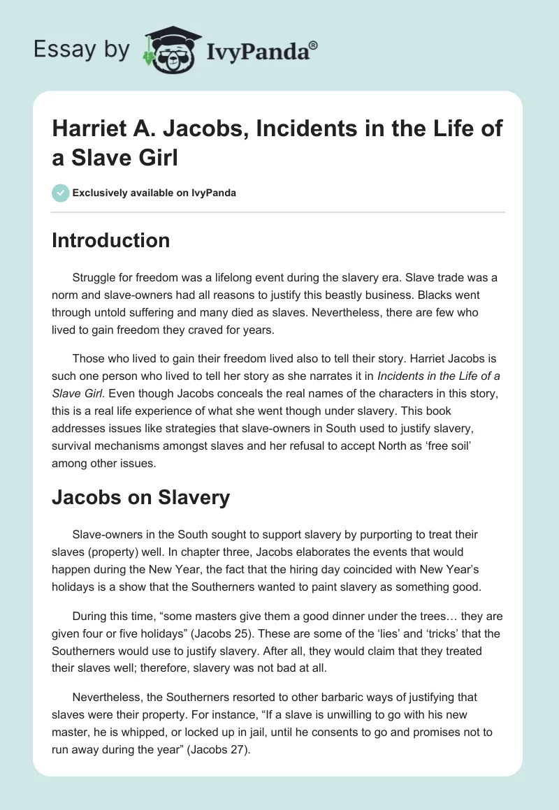 Harriet A. Jacobs, Incidents in the Life of a Slave Girl. Page 1