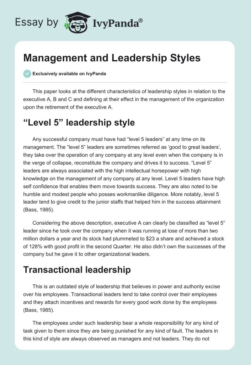 Management and Leadership Styles. Page 1
