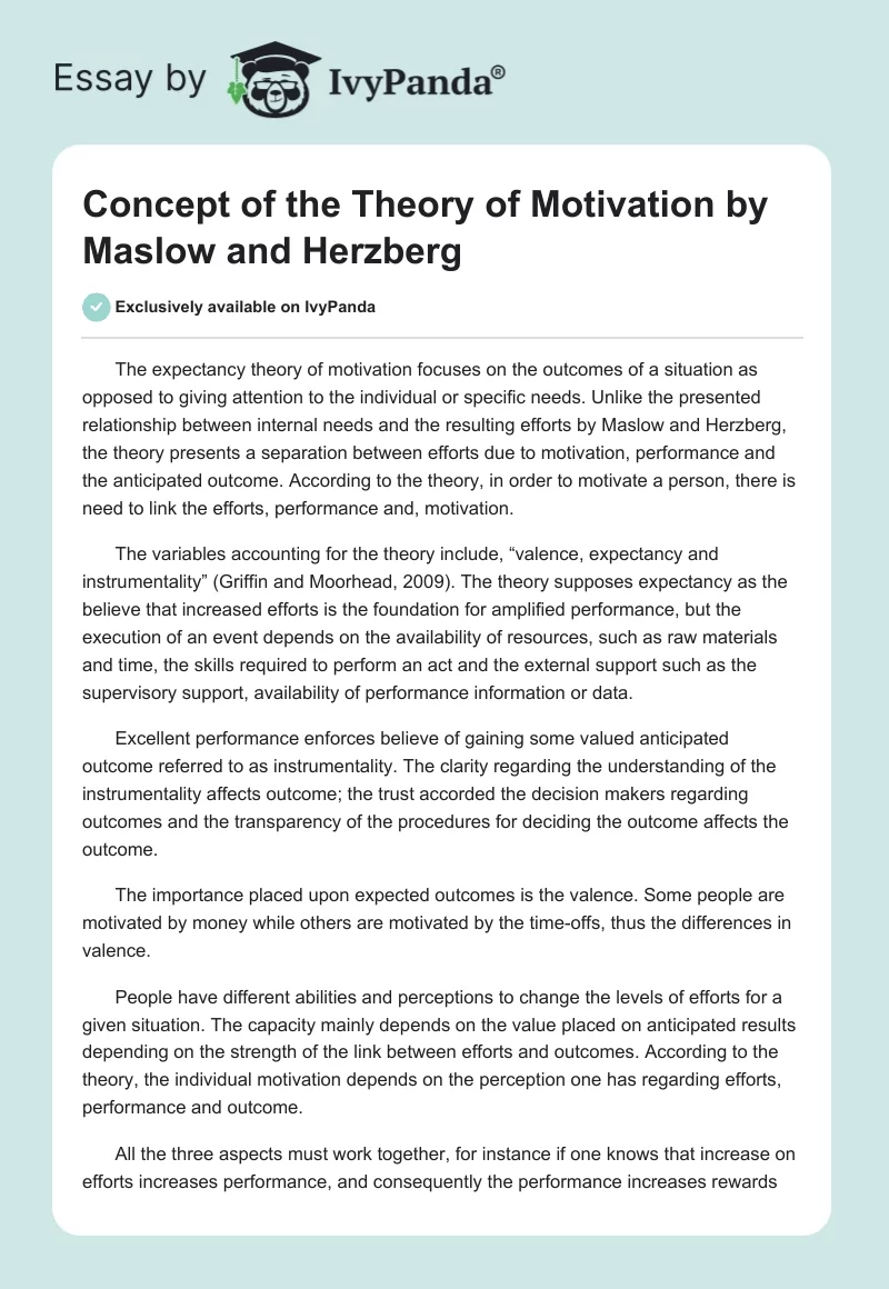 Concept of the Theory of Motivation by Maslow and Herzberg. Page 1