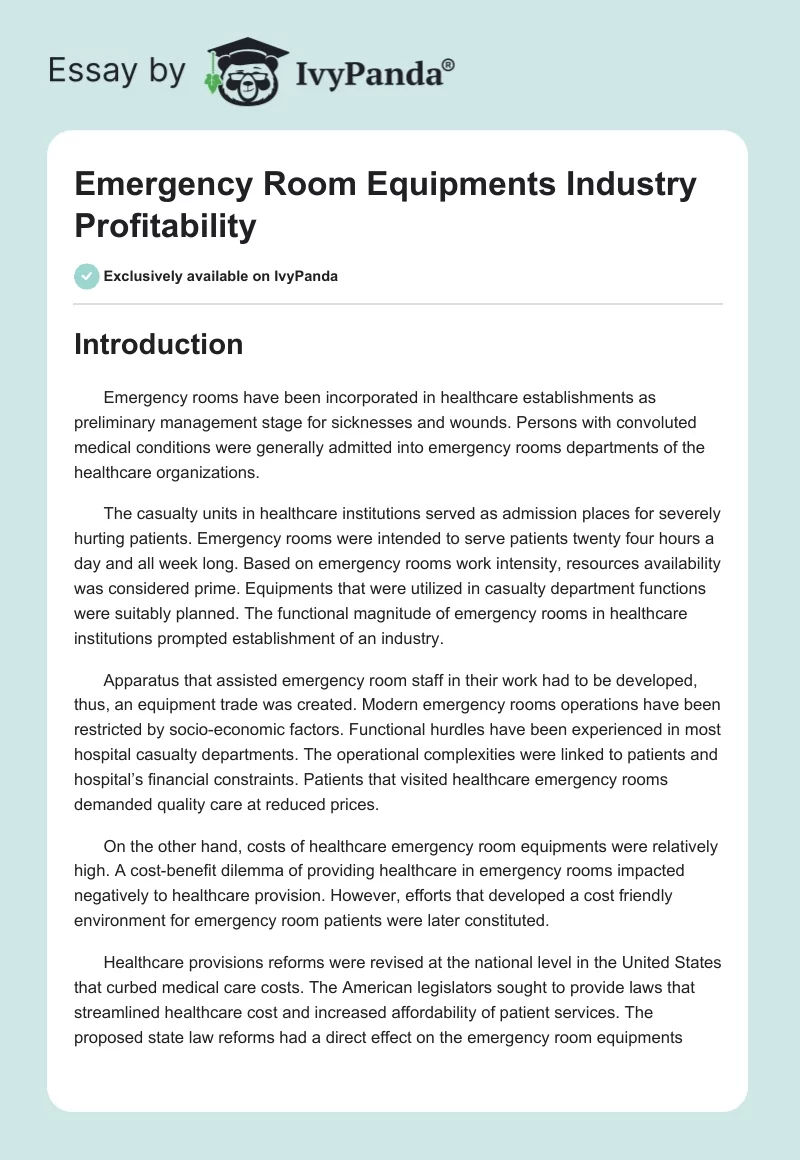 Emergency Room Equipments Industry Profitability. Page 1