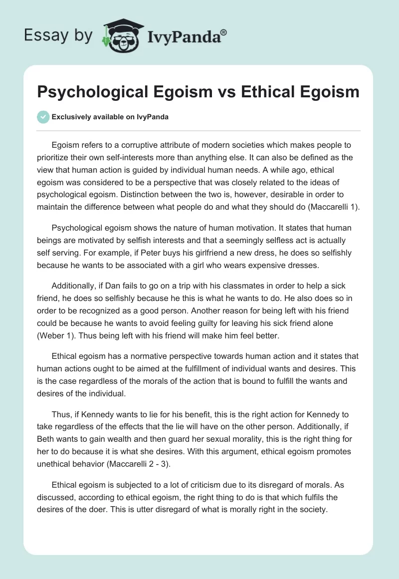 Psychological Egoism vs Ethical Egoism. Page 1