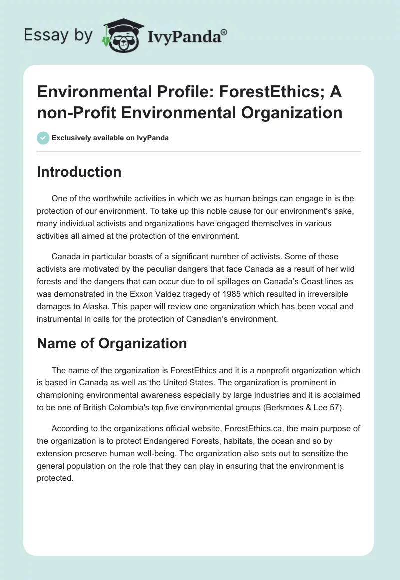 Environmental Profile: ForestEthics; A non-Profit Environmental Organization. Page 1