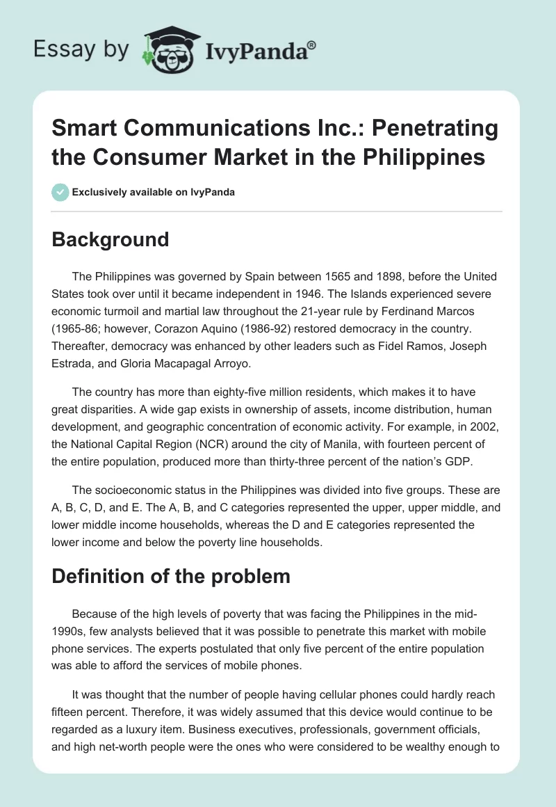 Smart Communications Inc.: Penetrating the Consumer Market in the Philippines. Page 1